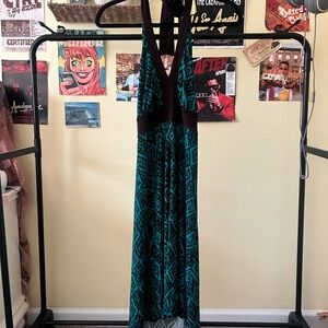 Brown and Teal Women’s Halter Midi Dress